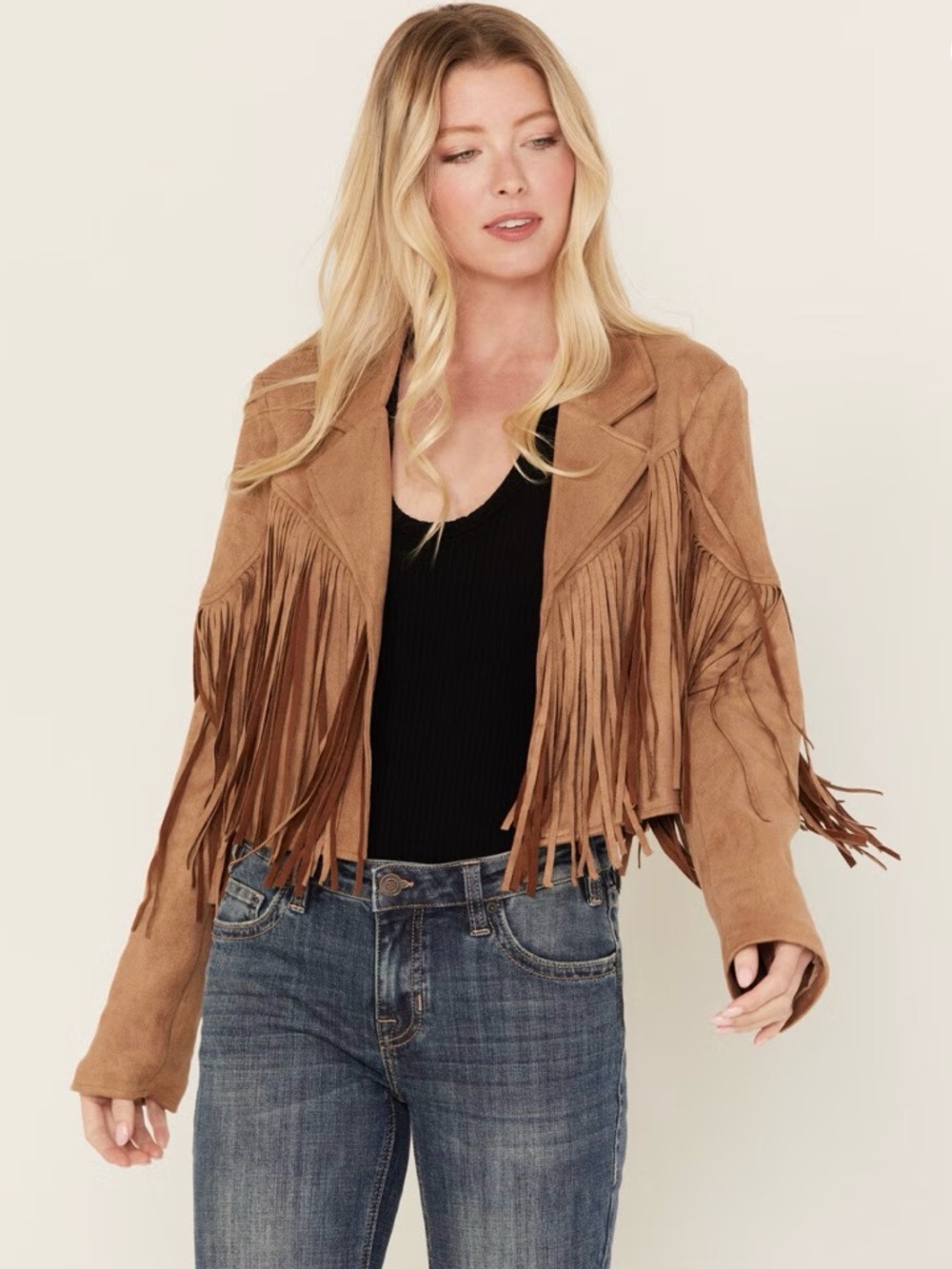 Fringed Suede Jacket in Tan- Women's Suede Jacket